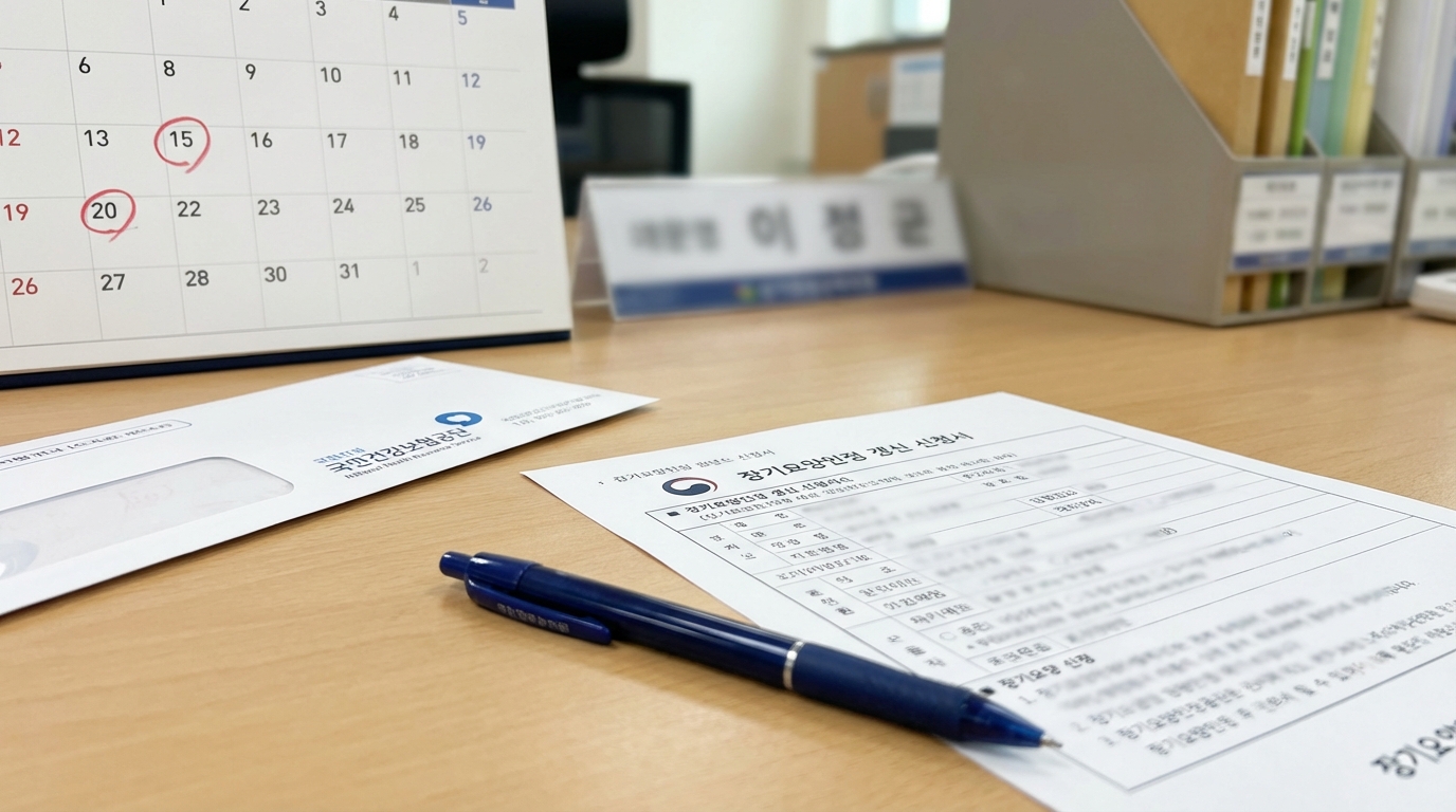 장기요양 유효기간 만료 전 갱신 신청을 준비하기 위한 서류와 달력의 모습