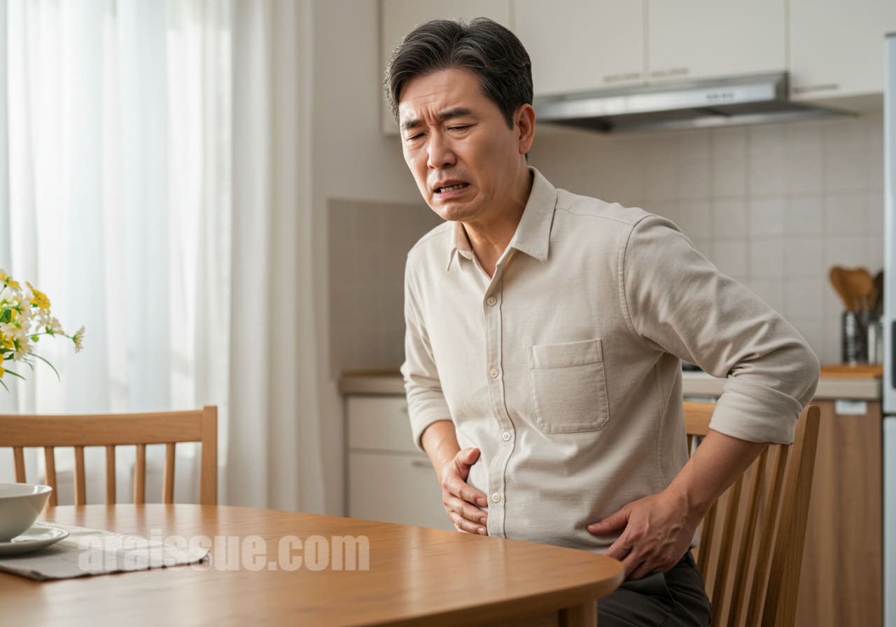 복부를 눌러 불편해하는 50대 한국 남성의 자연스러운 모습