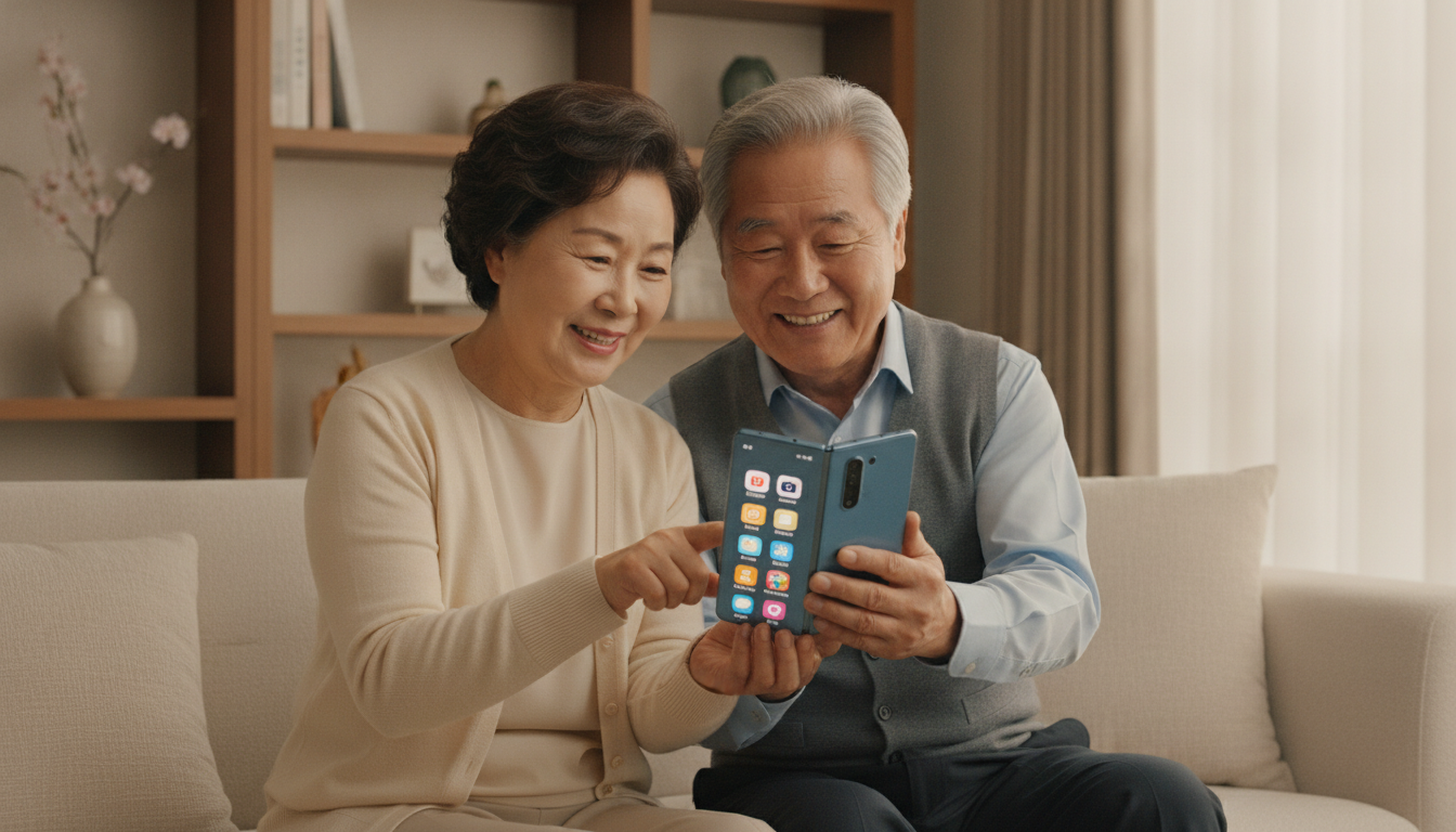 밝게 미소 짓는 어르신 부부가 가성비 접이식 스마트폰 갤럭시 와이드 폴드를 함께 다정하게 들여다보고 있는 모습