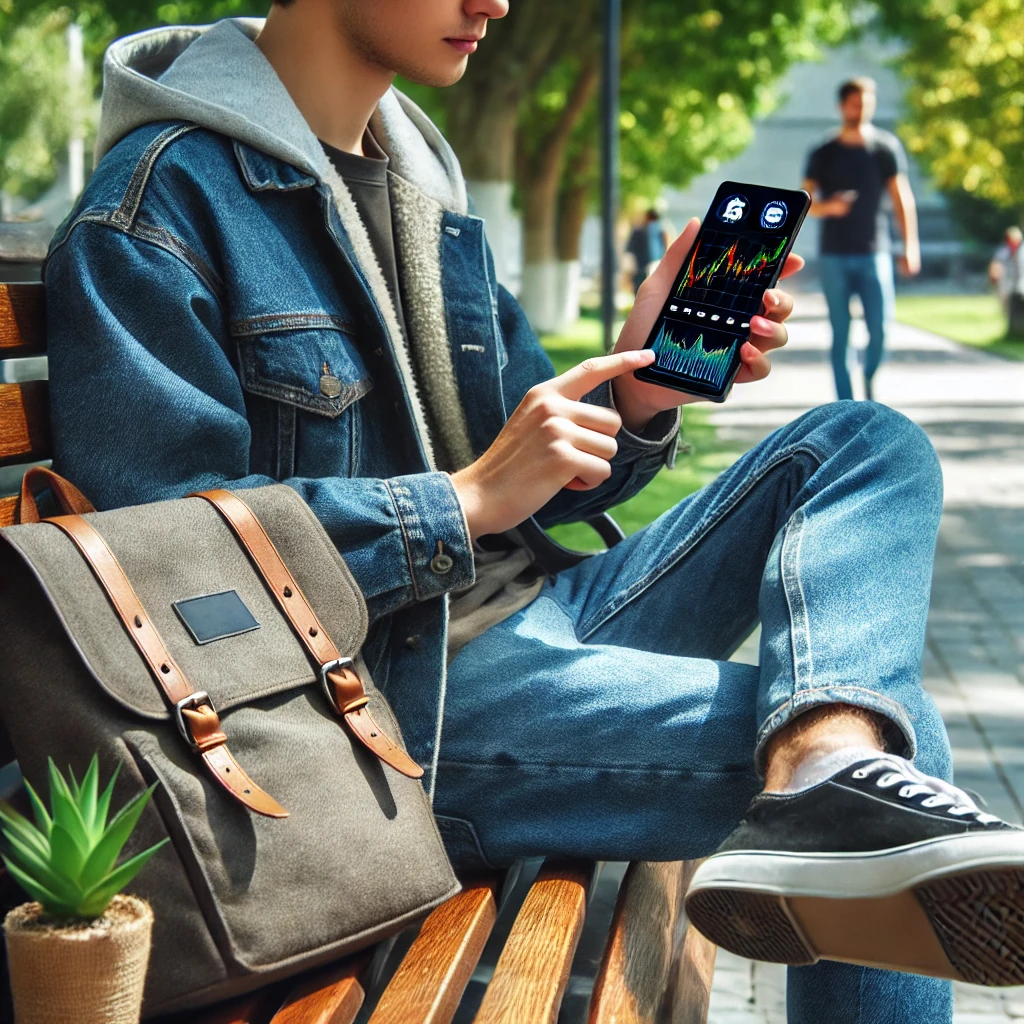 벤치에 앉아서 코인하는 학생