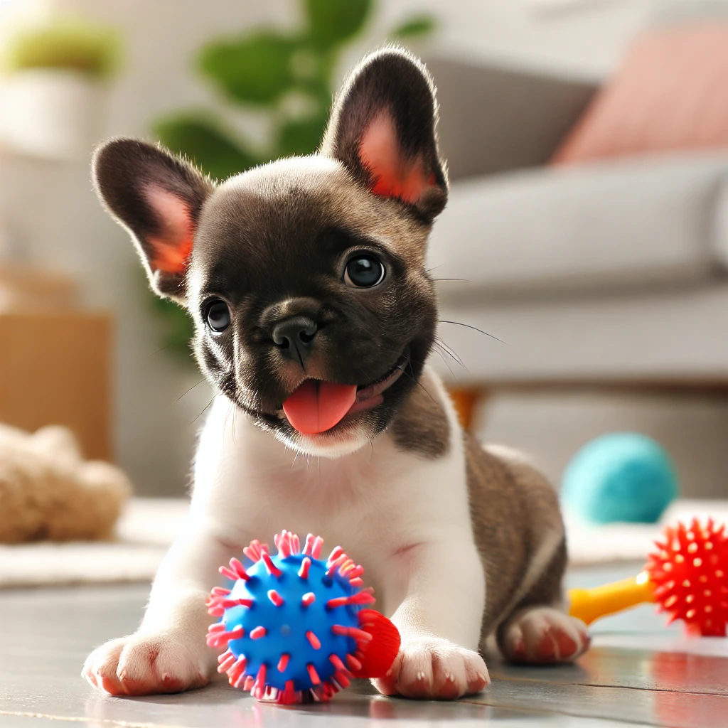 아기 프렌치 불독이 장난감을 가지고 있음