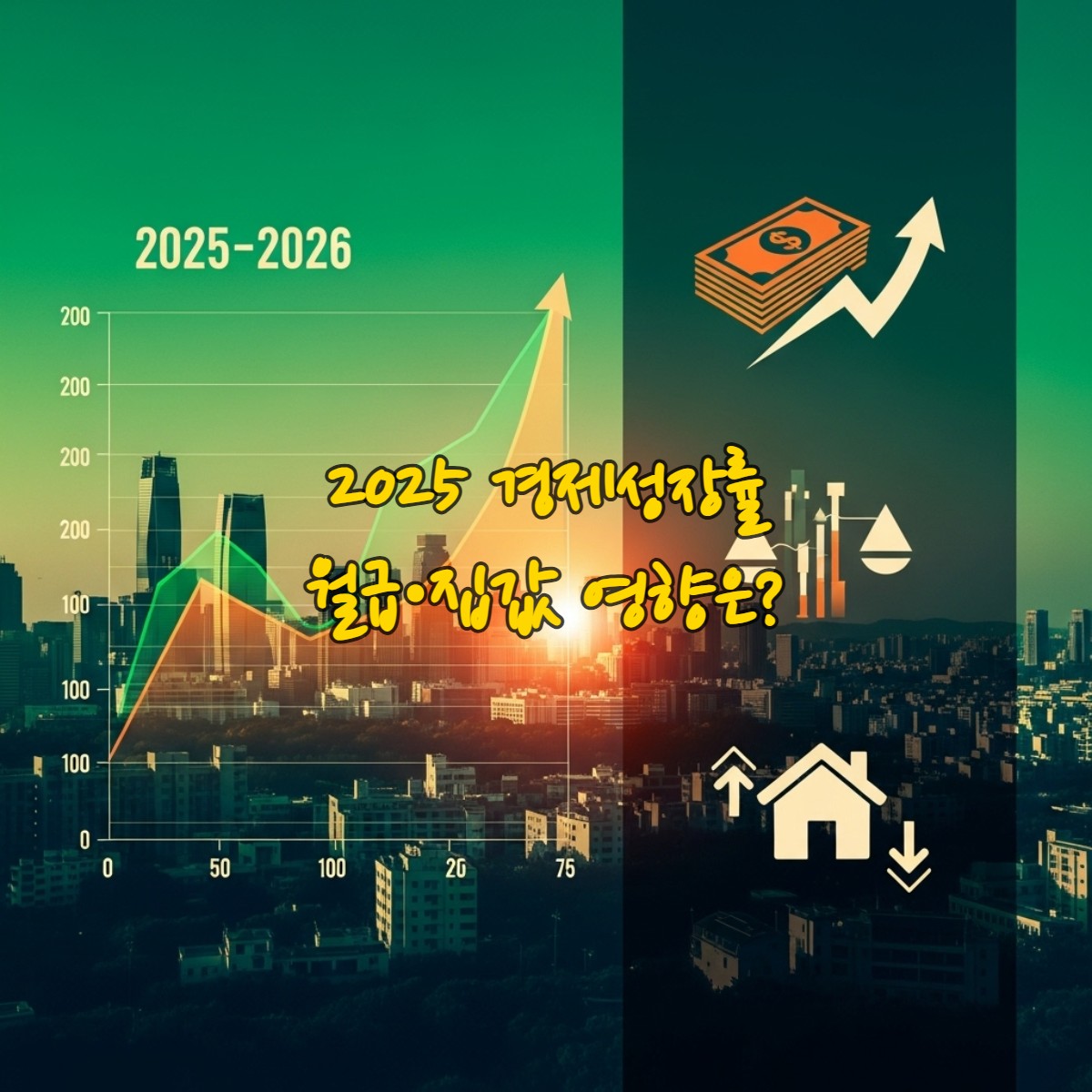 2025-2026년 한국 경제성장률 그래프와 월급 및 집값 아이콘, 미래 경제 상황을 상징하는 역동적인 이미지