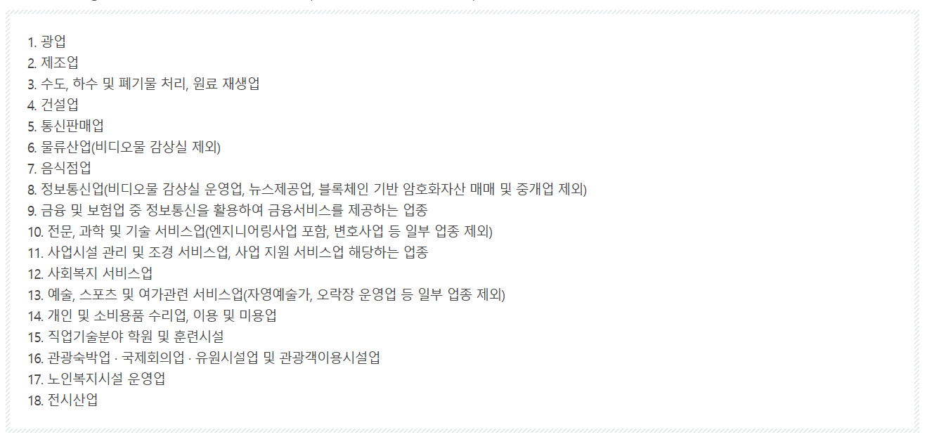 청년창업중소기업 세액감면의 업종코드