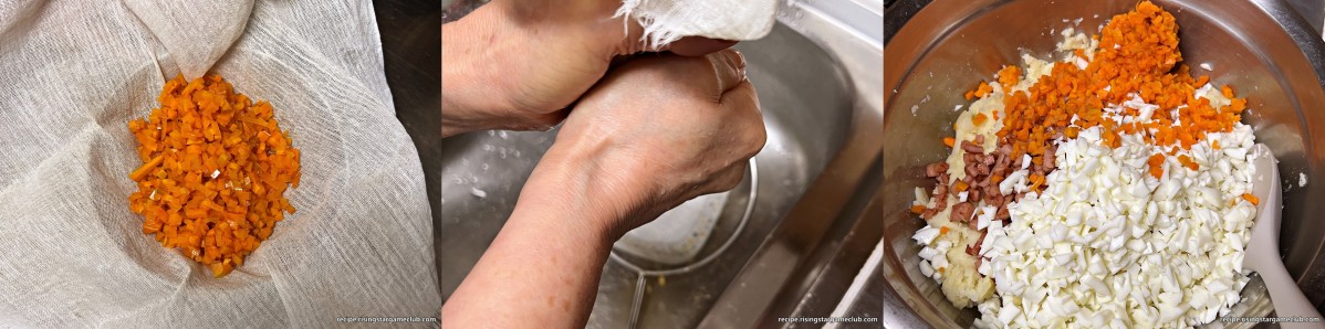 샐러드 빵 (사라다 빵)에 들어갈 으깬 감자에 데친 당근의 물기를 보자기로 짜서 넣어주는 사진