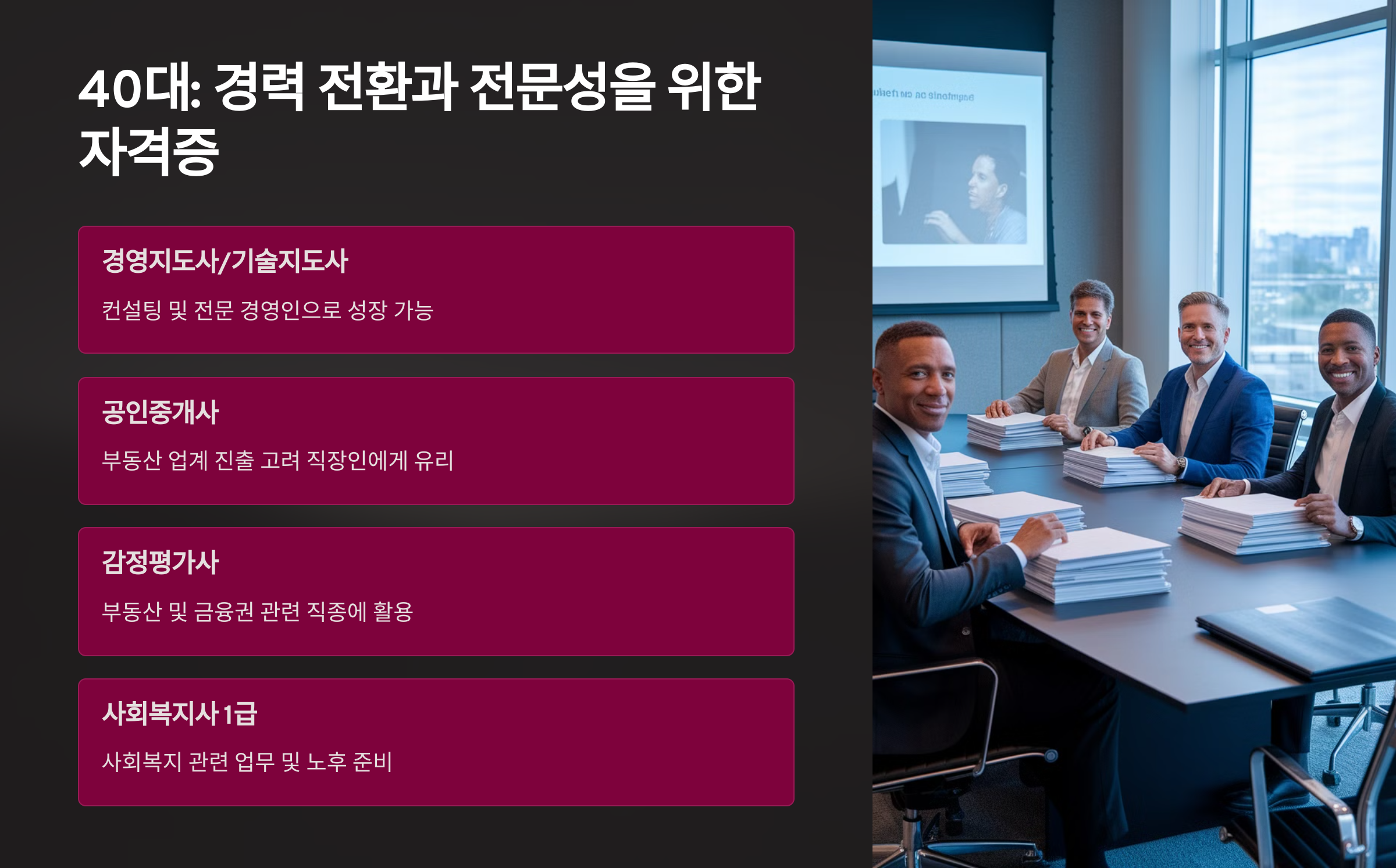 40대: 경력 전환과 전문성을 위한 자격증
40대로 보이는 전문직 남성들의 회의하는 사진