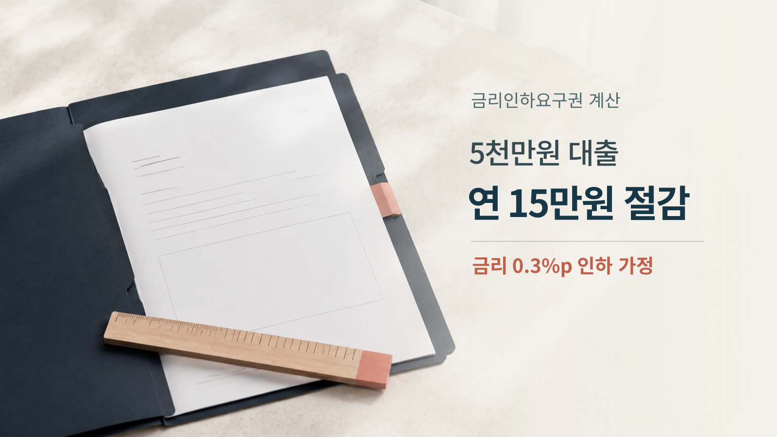 대출잔액 5천만원에서 금리 0.3%포인트가 낮아질 때 연 15만원을 아끼는 금리인하요구권 대표 이미지