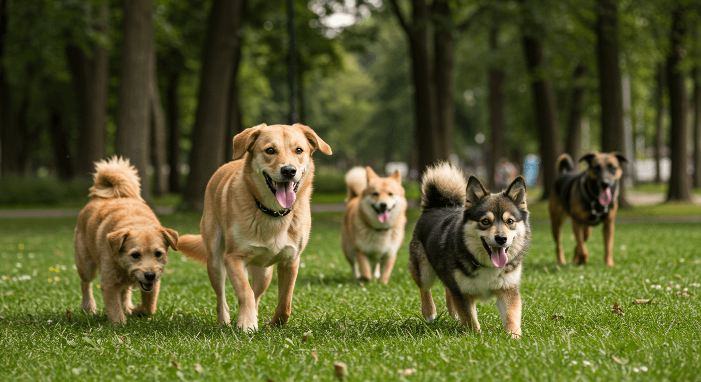 중성화 수술을 받은 반려견들이 공원에서 뛰어노는 모습
