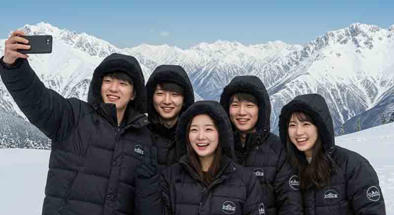 알래스카의 눈덮인 설원에서 셀카를 촬영하고 있는 젊은이들