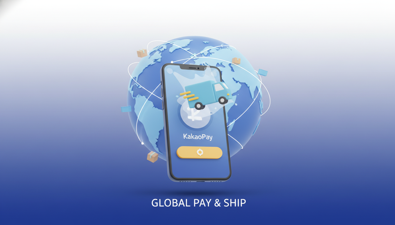 카카오페이 앱을 통해 전 세계로 뻗어가는 해외 배송 경로와 배송 트럭이 그려진 일러스트