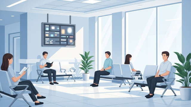 병원 대기실에서 진료 차례를 기다리는 사람들의 모습을 담은 일러스트