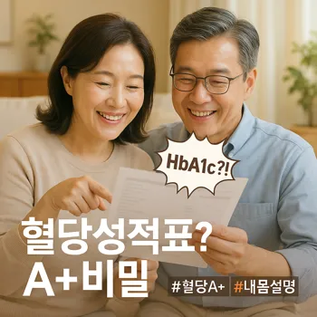 밝고 편안한 분위기의 거실에서, 40-50대 부부가 함께 건강검진 결과지로 보이는 서류를 보며 미소짓고 있다. 아내가 손가락으로 서류의 특정 부분을 가리키고 있으며, 그 부분에는 'HbA1c ?!' 글자가 마치 말풍선처럼 떠오른 듯한 그래픽 효과가 추가되어 있다. 전체적으로 따뜻하고 희망찬 느낌.
