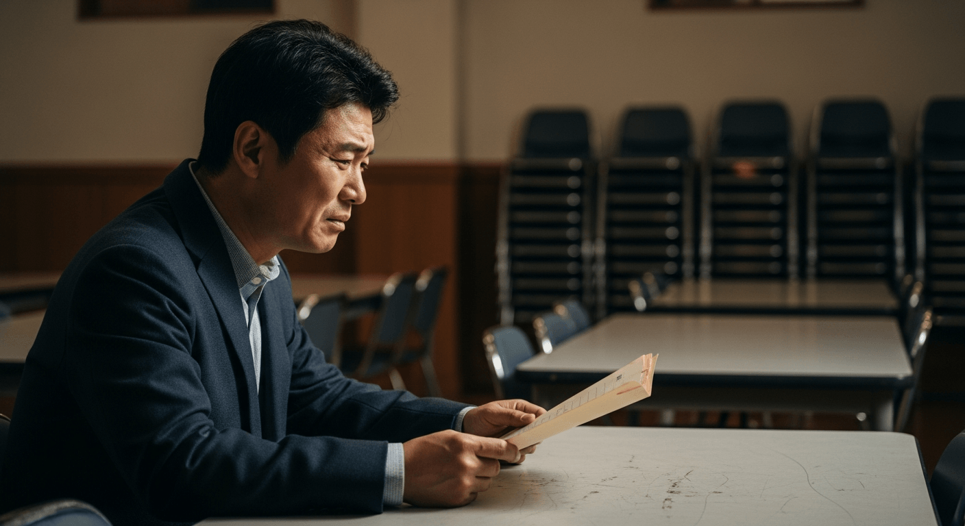 계약서 없이 진행한 일 때문에 곤란해하는 표정으로 빈 서류철을 들고 있는 남성의 모습