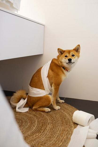 휴지를 몸에 감고 있는 강아지 사진