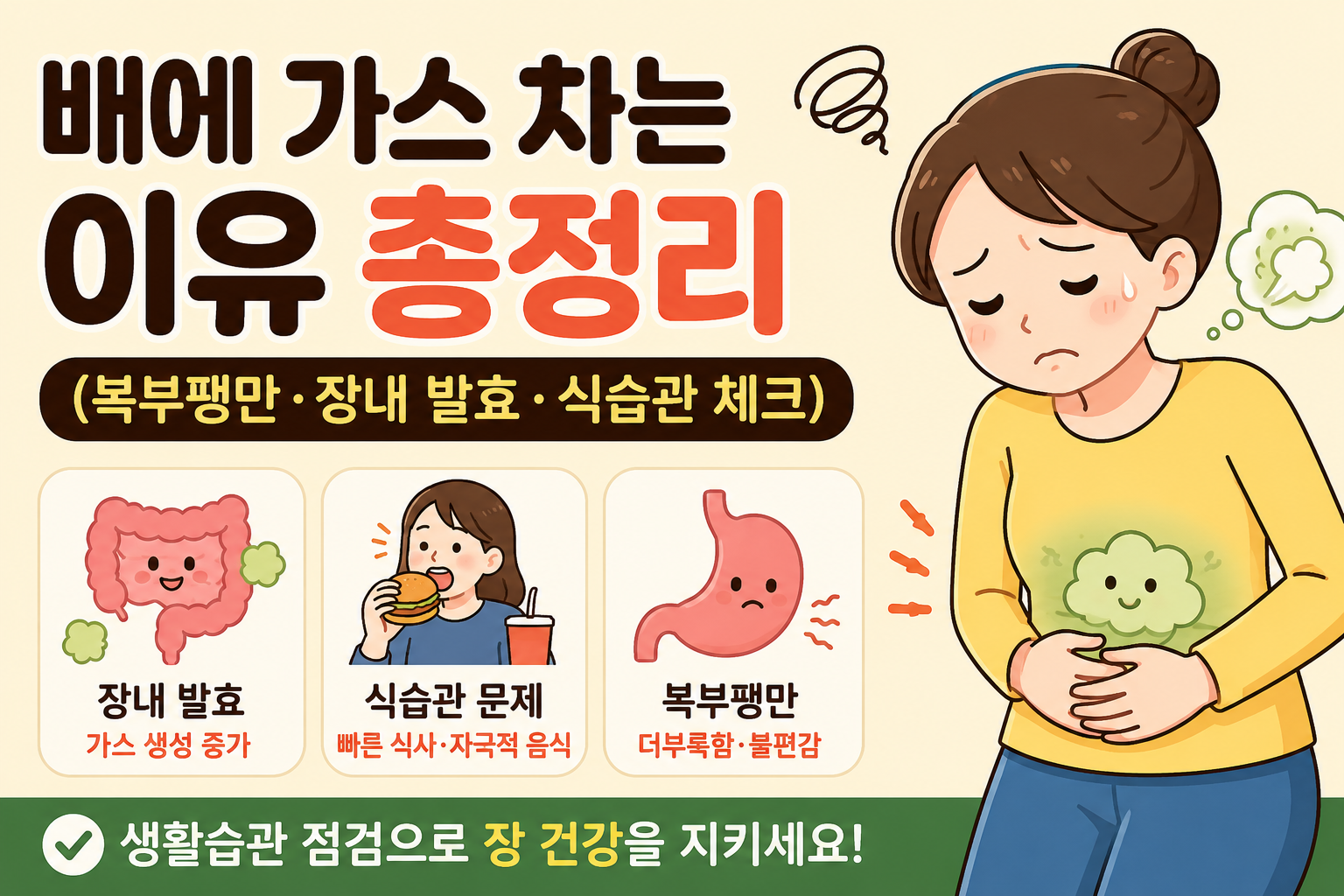 배에 가스 차는 이유 총정리 (복부팽만·장내 발효·식습관 체크) -사진-