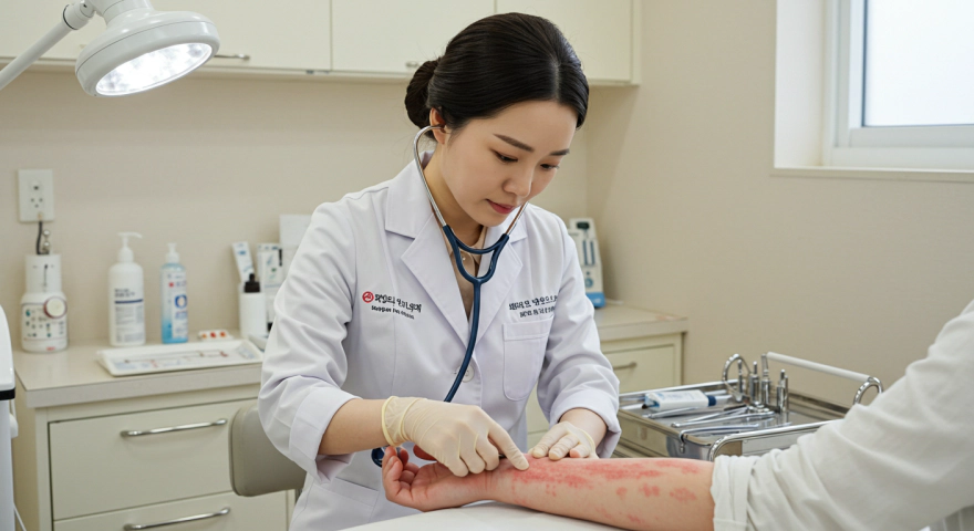 피부과 의사가 환자의 팔 발진을 관찰하는 장면