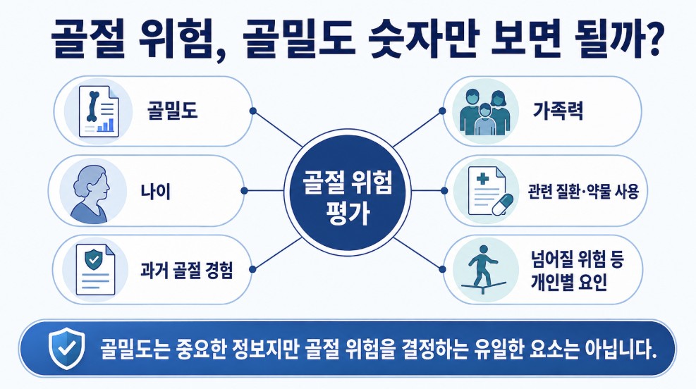 골다공증의 골절 위험은 골밀도뿐 아니라 나이와 과거 골절 등 여러 요소를 함께 고려할 수 있다는 설명