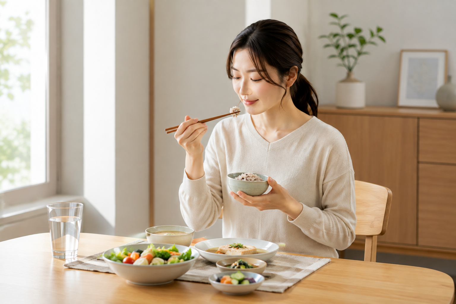 배에 가스가 자주 찰 때 음식을 천천히 먹는 한국인 여성
