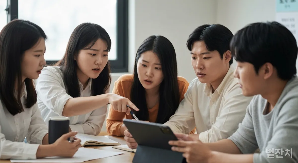 젊은 한국인들이 테이블에 모여 태블릿을 보며 가짜 뉴스에 대해 토론하는 모습