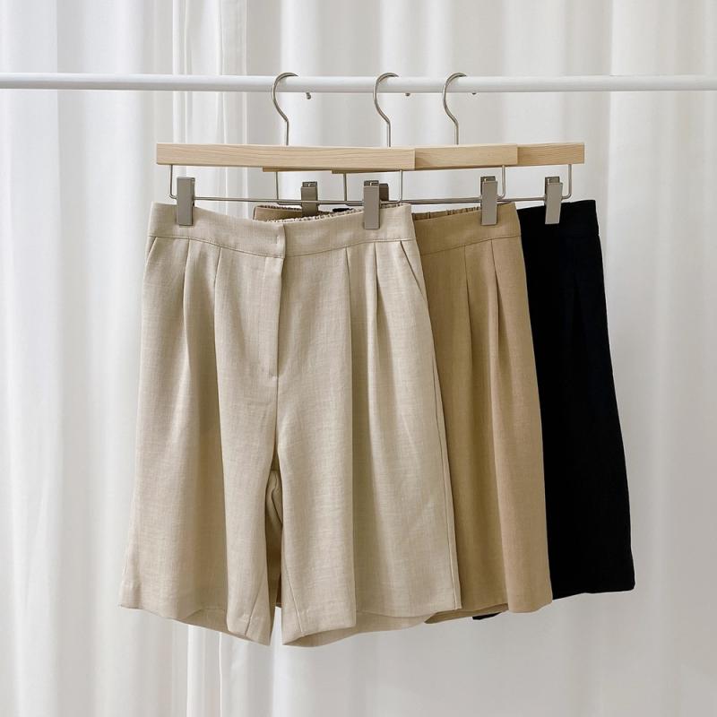 여성 린넨 정장 반바지 5부 밴딩 핀턱 구김없는 스판 여름 홈쇼핑 슬랙스 버뮤다 팬츠