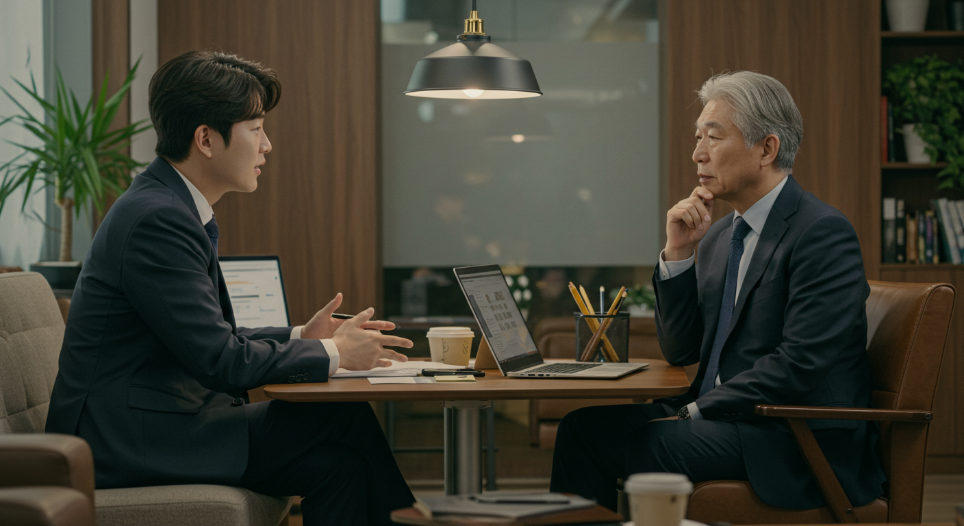 서울의 세련된 사무실에서 창업자금 신청을 위해 멘토와 논의하는 청년 창업자의 장면