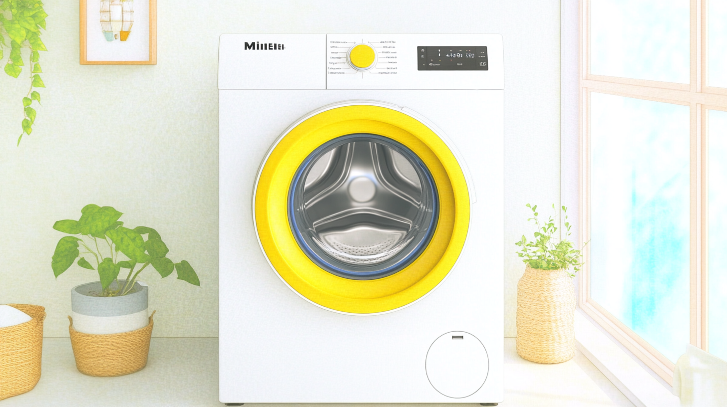 높은 내구성과 고급스러운 외관이 돋보이는 밀레 세탁기가 세련된 세탁실에 배치되어 있는 모습