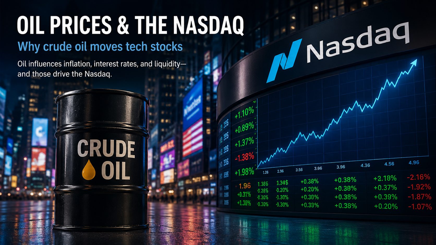 Crude oil barrel beside a Nasdaq stock market screen showing the connection between oil prices and technology stocks.