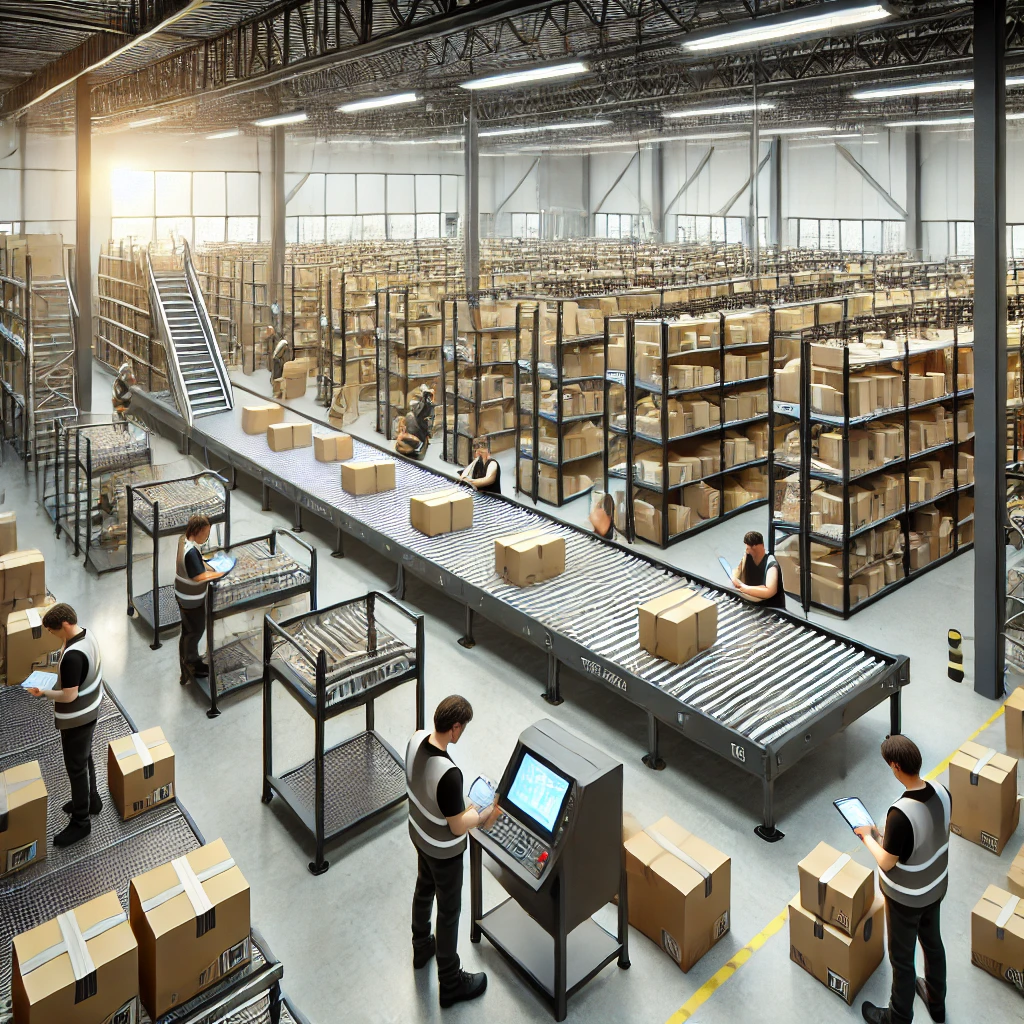 자동화된 컨베이어 벨트와 정리된 선반들이 있는 현대적이고 깔끔한 쿠팡풀필먼트 센터. 직원들이 핸드헬드 스캐너를 사용해 물품을 확인하고 재고를 관리하는 모습이 보인다. 공간은 밝고 청결하며, 명확한 표지판과 안전 수칙이 잘 갖추어져 있다.