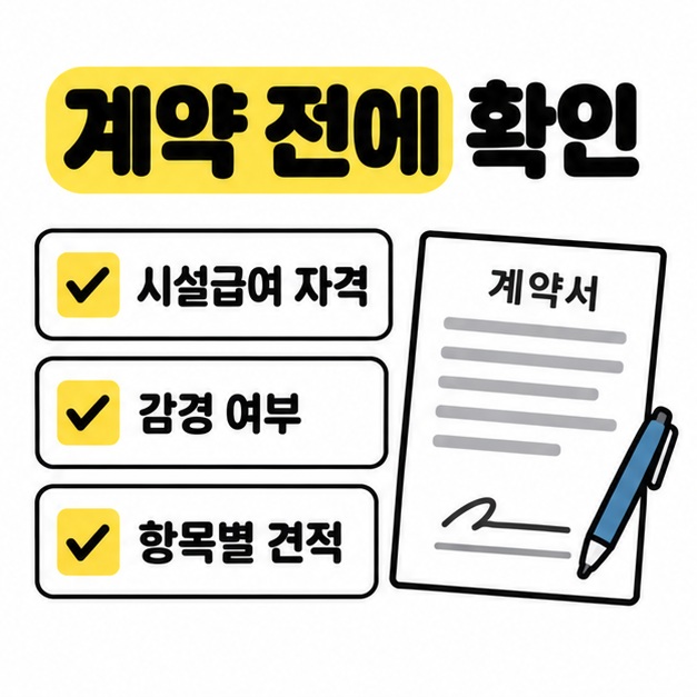 시설급여 자격, 감경 여부, 항목별 견적을 확인하는 체크리스트와 계약서 및 펜을 배치한 그림