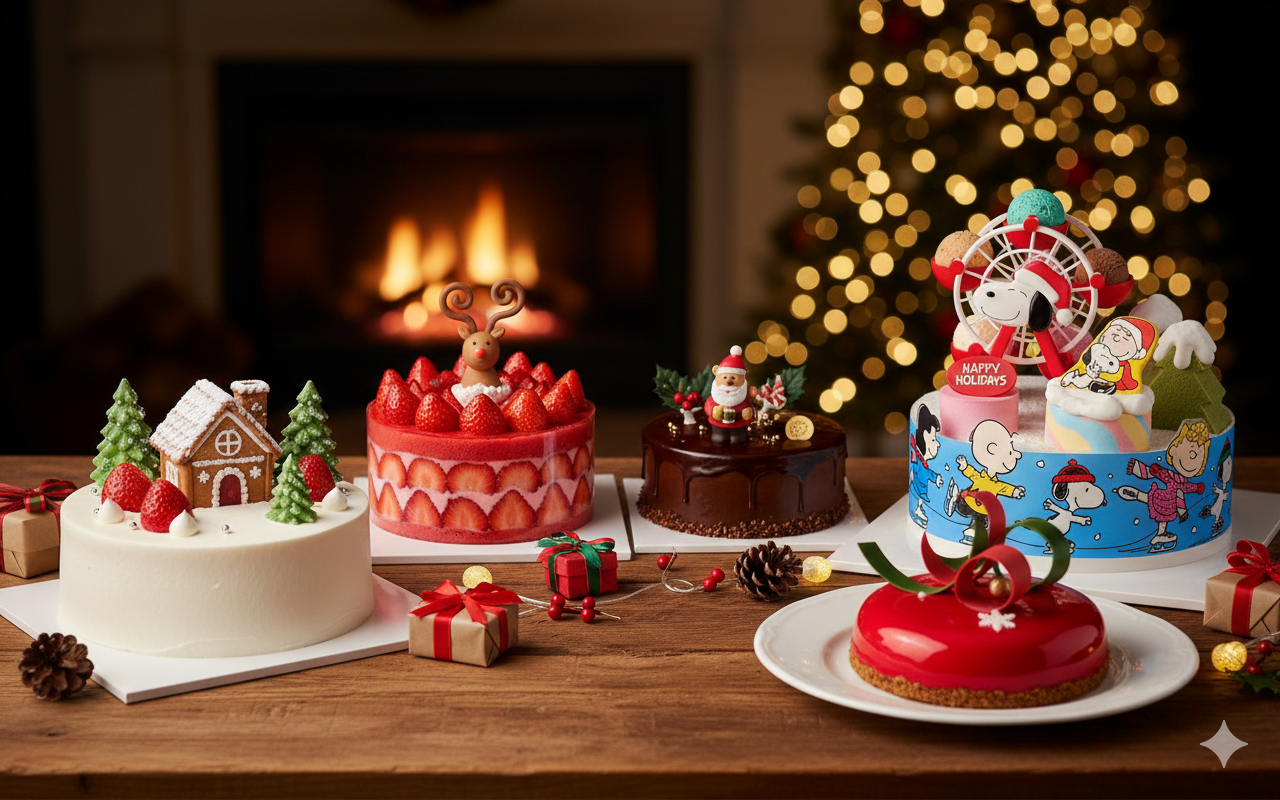 2025 크리스마스 케이크 예약 TOP5 비교표와 딸기 생크림&middot;캐릭터 케이크&middot;호텔 케이크를 한 화면에 보여주는 연말 디저트 가이드 이미지
