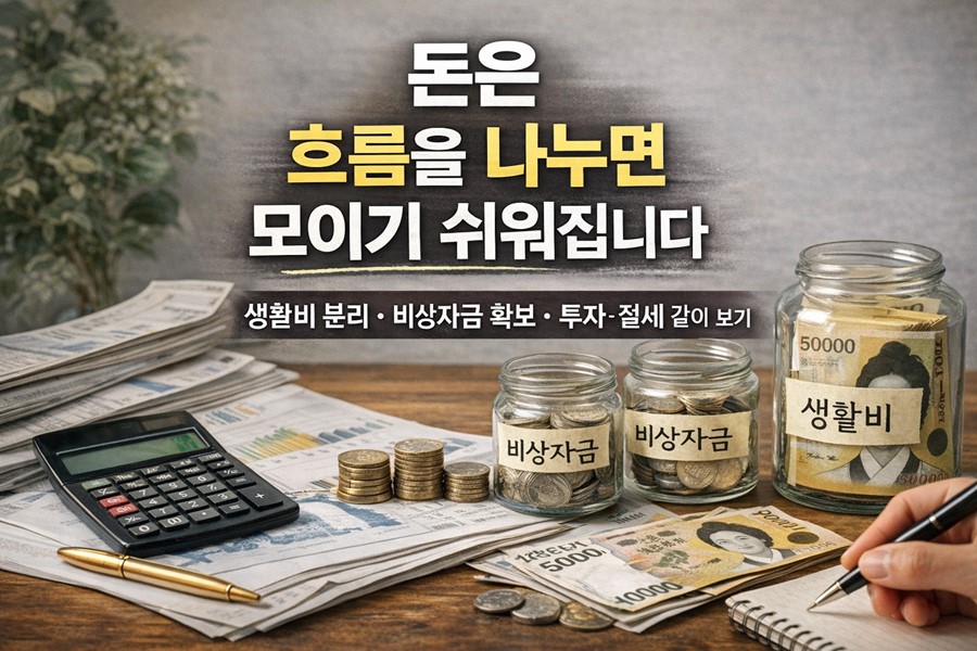 2026 돈 모으는 투자 습관을 위해 생활비, 비상자금, 투자금, 절세 구조를 나누는 돈의 흐름을 한눈에 보여주는 이미지