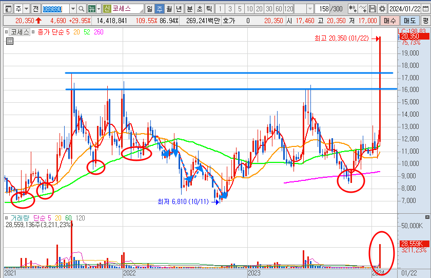 코세스 주가 주봉 차트 분석과 전망 (24.1.25)