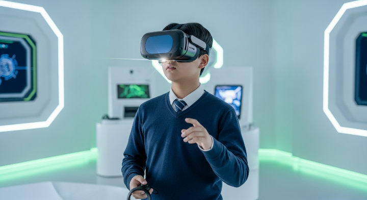 VR 헤드셋을 착용하고 미래 교육 콘텐츠를 체험하는 학생