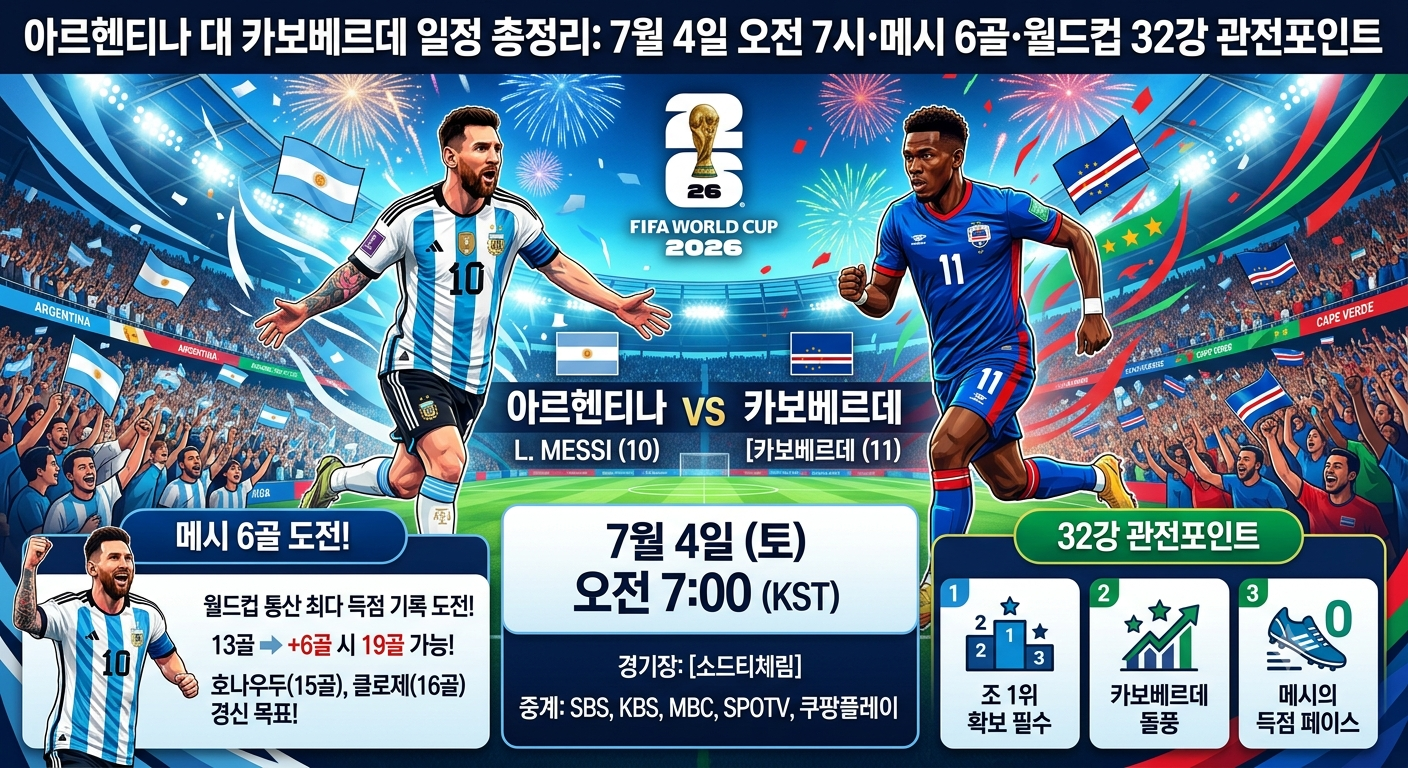 아르헨티나 대 카보베르데 일정 총정리: 7월 4일 오전 7시&middot;메시 6골&middot;월드컵 32강 관전포인트