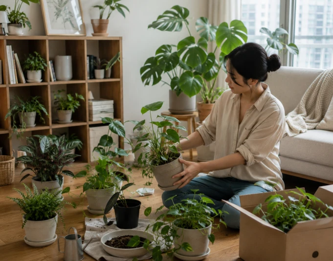 아파트 거실에서 여러 화분을 정리하고 관리할 식물을 고르는 모습