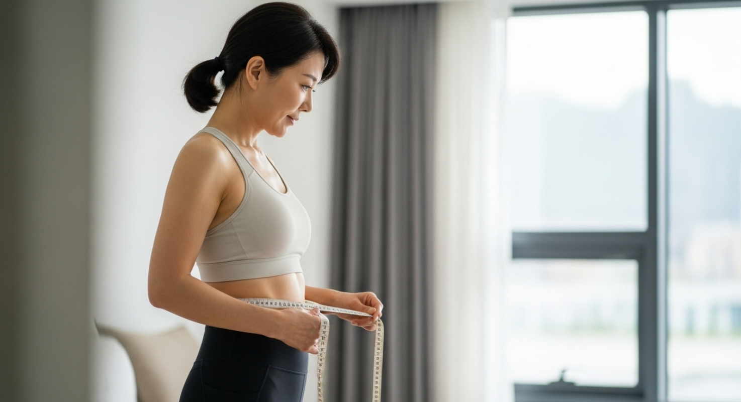 중년 여성이 허리둘레를 재고 있는 이미지