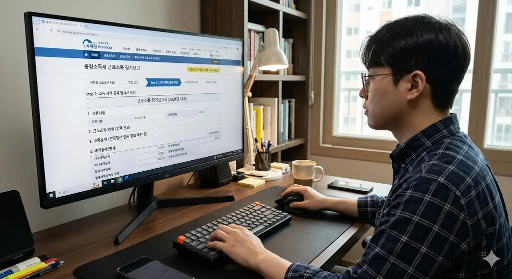 비싼 대행 수수료 없이 PC 국세청 홈택스에 접속하여 5월 연말정산 종합소득세 근로소득 정기신고를 직접 진행하는 화면