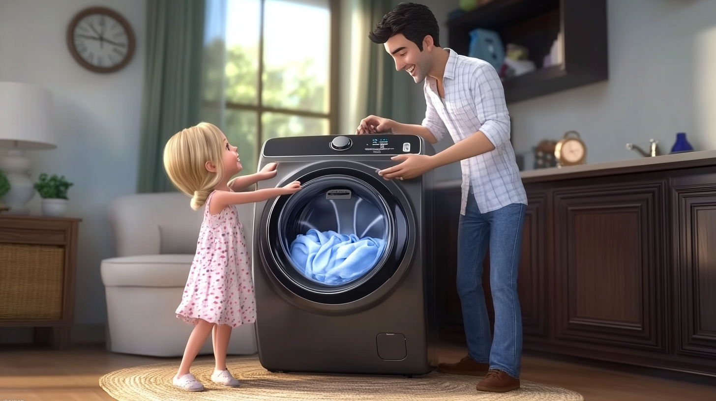 넉넉한 용량과 세탁 모드를 갖춘 아늑한 가정환경에서 삼성 세탁기를 사용하는 가족