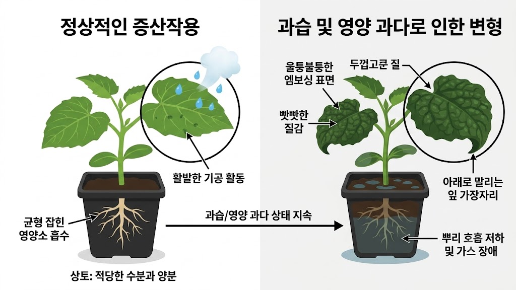 오이 모종 과습의 판단 기준과 증산작용 원리를 설명하는 다이어그램