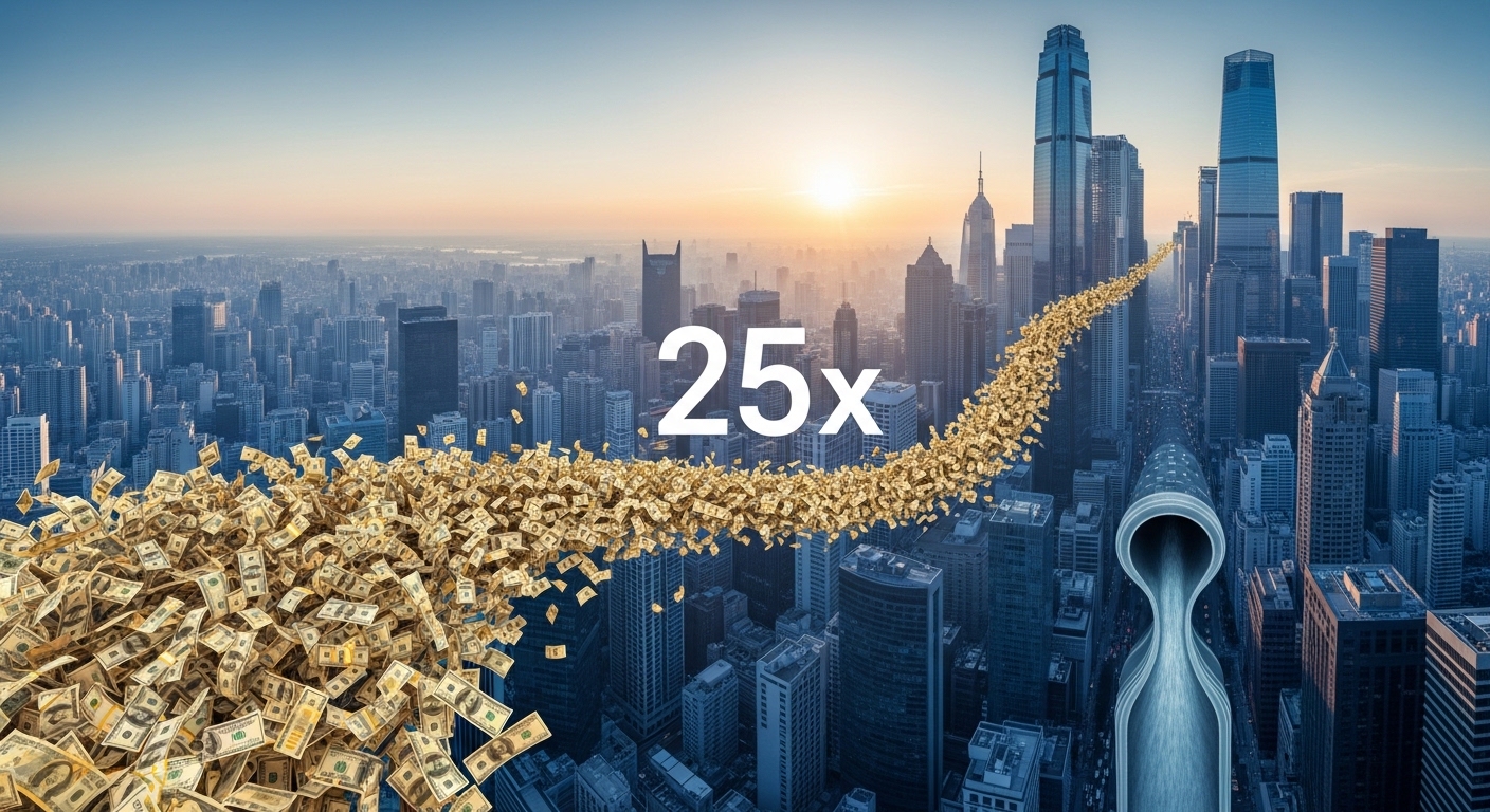 IMF 경고: 거대한 해외 자산과 좁은 외환시장 출구를 상징하는 역동적인 도시 풍경. 25배 유동성 병목 현상을 시각적으로 표현.