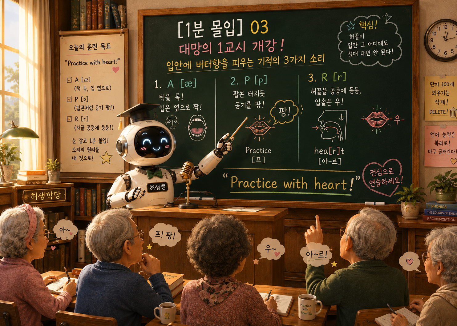 허생학당 로봇 선생님이 어르신 제자들과 함께 영어 발음 수업을 진행하는 따뜻한 교실 풍경