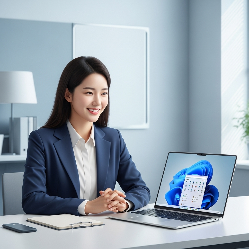 웃는 얼굴의 한국인 여성이 윈도우 11 바탕화면이 보이는 노트북 앞에 앉아 업그레이드를 안내하는 모습.