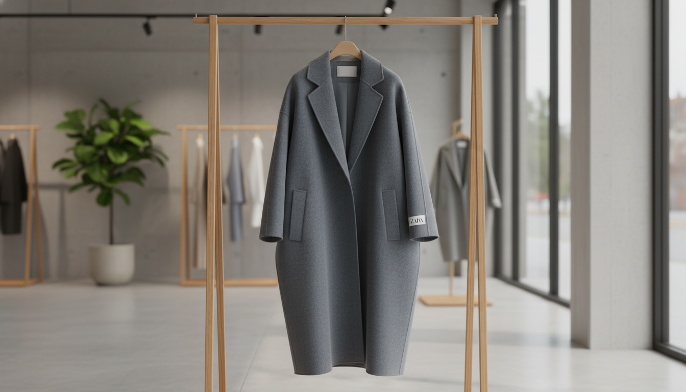 옷걸이에 걸려있는 세련된 블루-그레이 색상의 한소희 자라 오버사이즈 코트