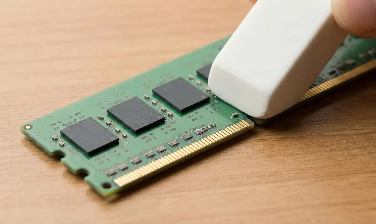 컴퓨터 메모리 접촉 불량 해결을 위해 금색 접점 부위를 지우개로 닦는 과정