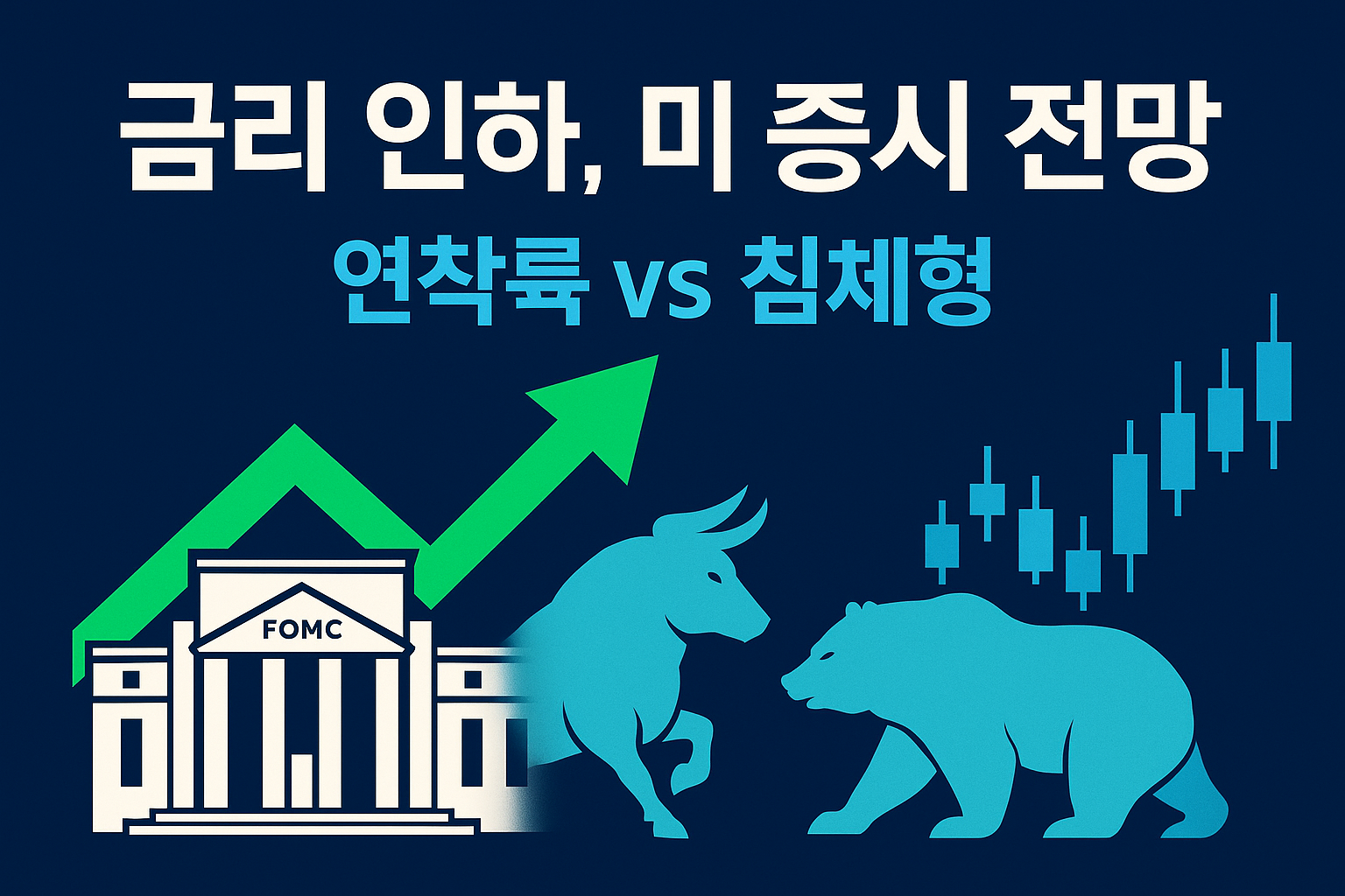 금리 인하, 미 증시 전망 &mdash; 연착륙 vs 침체형 썸네일(연준 건물&middot;상승 화살표&middot;황소&middot;곰&middot;캔들 차트).