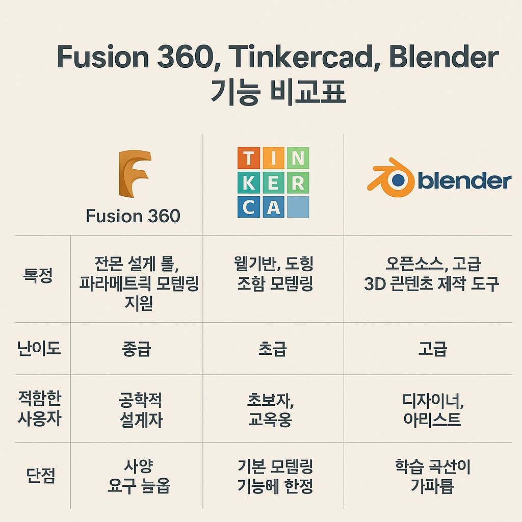 Fusion 360, Tinkercad, Blender 무료 모델링 툴 기능 비교표