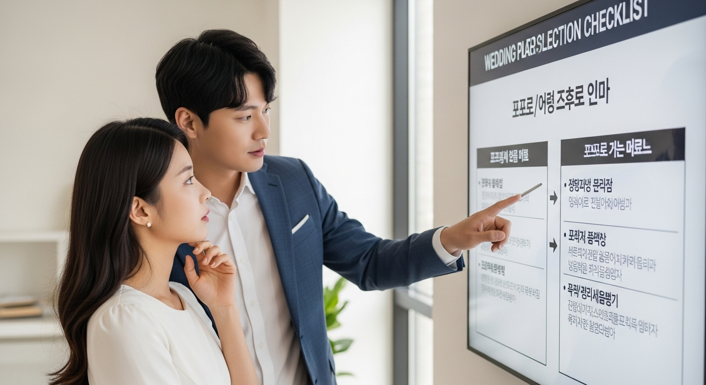 한국인 예비 신랑 신부가 웨딩 플래너 선택 가이드를 보며 동행/비동행 플래너의 장단점을 논의하는 모습.