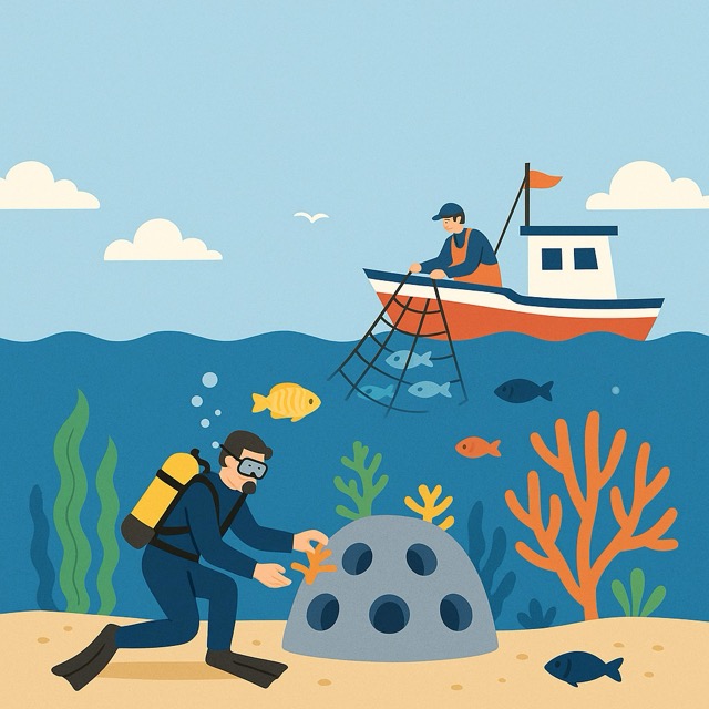 해양 생태계 복원과 어업 활동의 조화를 위한 전략을 묘사한 이미지