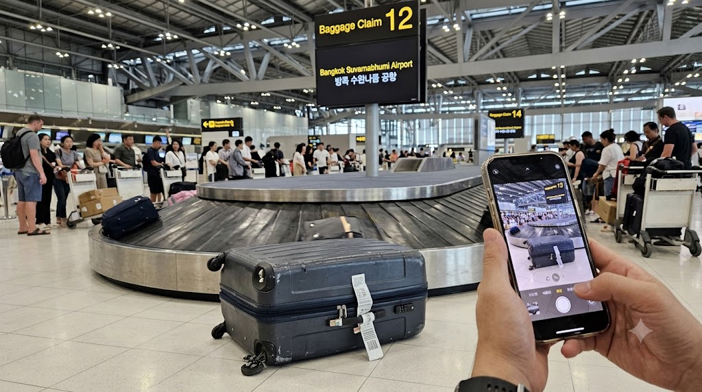 수완나품 공항 수하물 수취대 번호판을 배경으로 바퀴가 파손된 여행용 캐리어를 스마트폰으로 촬영하는 모습