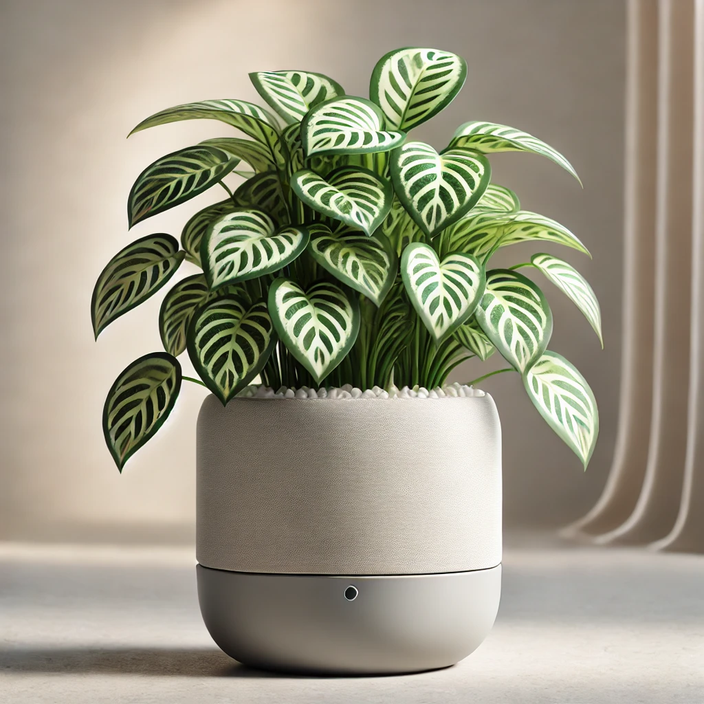 자동급수 화분에 심긴 무늬가 있는 식물 일러스트