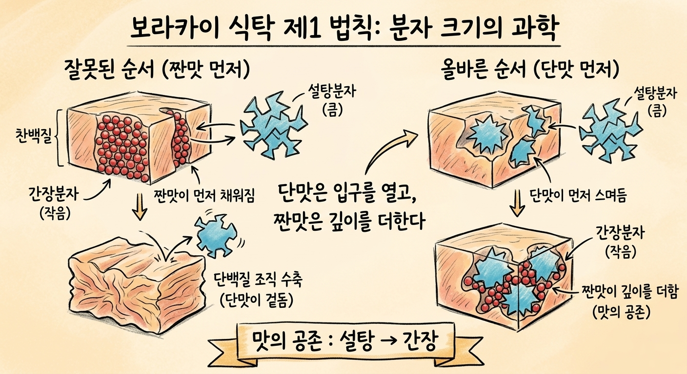 요리 과학 원리를 설명하는 일러스트레이션. 왼쪽은 '잘못된 순서(짠맛 먼저)'로, 작은 간장 분자가 단백질 조직을 먼저 채워 조직이 수축하고 큰 설탕 분자가 겉도는 모습을 보여준다. 오른쪽은 '올바른 순서(단맛 먼저)'로, 큰 설탕 분자가 먼저 조직에 스며들어 입구를 연 후 작은 간장 분자가 빈틈을 채워 맛이 공존하는 모습을 보여준다. 중앙에는 "단맛은 입구를 열고, 짠맛은 깊이를 더한다"는 문구가 적혀 있으며, 하단에는 "맛의 공존: 설탕 → 간장"이라는 결론이 강조되어 있다. 전체적으로 요리 과정에서의 양념 순서가 식재료의 물리적/화학적 구조에 미치는 영향을 과학적으로 도식화한 교육용 이미지이다.